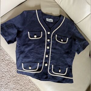 RARE Vintage Dominique Linen Short Sleeve Jacket Navy & White Size M